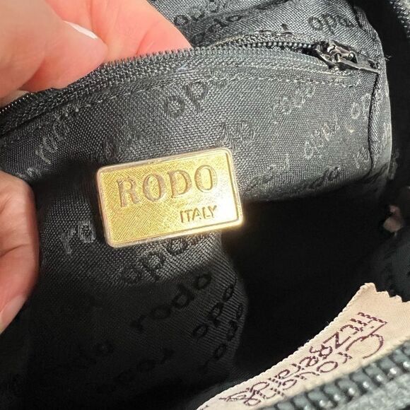 Vintage Rodo black croc embossed leather structured studded bowling bag - Picture 6 of 9